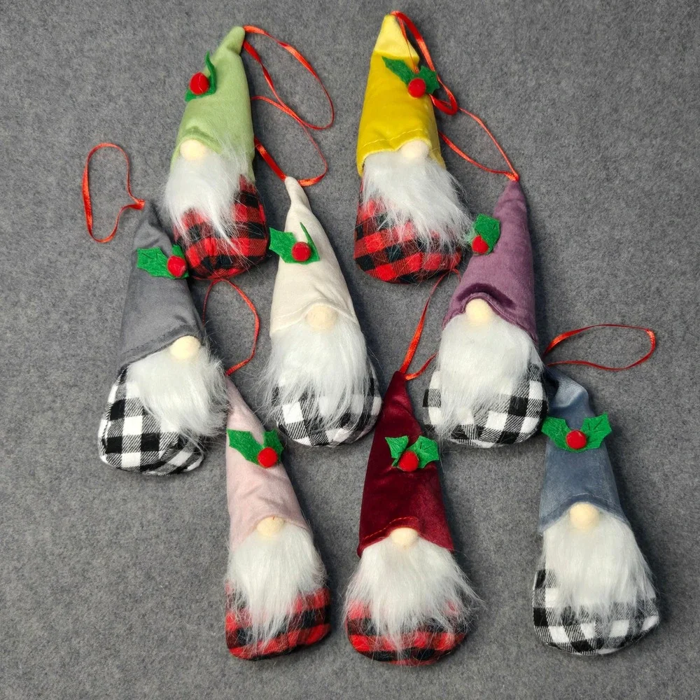D-FantiX 8 Piece Christmas Gnome Ornaments Buffalo Plaid Plush Tomte Set